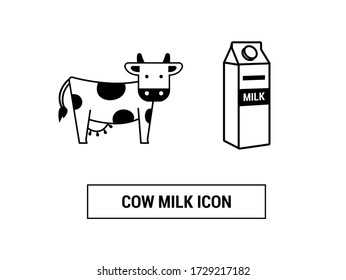 Cow milk image. Icon of a cow and a milk brisck. Black line icons.