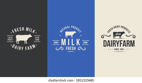 Cow Milk logo set. Dairy farm products logo, label template with cow silhouette. Trendy vintage emblems. Logo, Poster for grocery store, butchery, restaurant Vector illustration