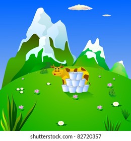 cow and milk on a mountain meadow. vector