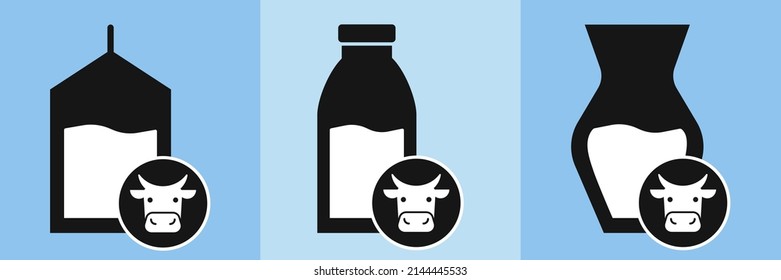Embalaje de leche de vaca, icono del paquete de leche, botella de vidrio, jarra de leche y signo de vaca con cuernos, eps 10