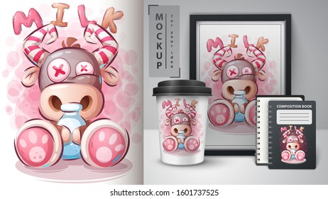 Cow with milk poster and merchandising. Vector eps 10