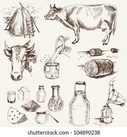 cow and milk products. set of vector elements