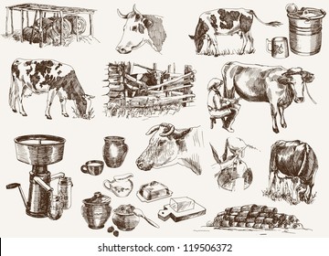 cow and milk products. set of vector elements