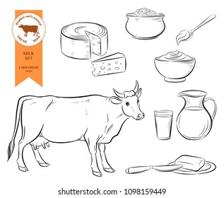 Cow and milk. Set dairy products. Milk, cheese, butter, cheese, sour cream, isolated black outline on a white background. Vector illustration