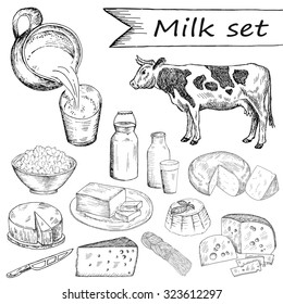 Cow and milk set. Hand drawn vintage illustration. Natural dairy products background. Line art style.