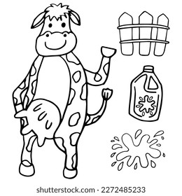 Cow and milk set isolated on white background. Hand drawn vector illustration