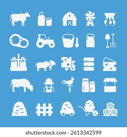 Cow milk solid shape icons set. Dairy farming symbol icon collections. Cow, cheese, milk, hay, yoghurt logo sign vector illustration