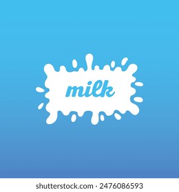 Cow milk splash with letters. Isolated white fresh farm goat milk splash drop silhouette icon for health dairy organic calcium yogurt food store dairy logo splashing shape vector label on blue