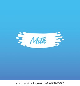 Cow milk splash with letters. Isolated white fresh farm goat milk splash drop silhouette icon for health dairy organic calcium yogurt food store dairy logo splashing shape vector label on blue