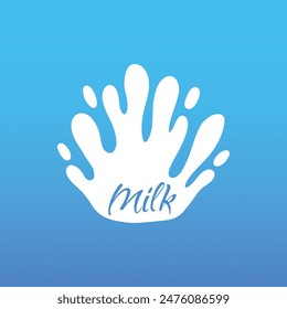 Cow milk splash with letters. Isolated white fresh farm goat milk splash drop silhouette icon for health dairy organic calcium yogurt food store dairy logo splashing shape vector label on blue