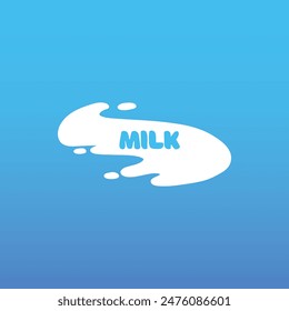 Cow milk splash with letters. Isolated white fresh farm goat milk splash drop silhouette icon for health dairy organic calcium yogurt food store dairy logo splashing shape vector label on blue