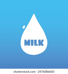 Cow milk splash with letters. Isolated white fresh farm goat milk splash drop silhouette icon for health dairy organic calcium yogurt food store dairy logo splashing shape vector label on blue