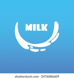 Cow milk splash with letters. Isolated white fresh farm goat milk splash drop silhouette icon for health dairy organic calcium yogurt food store dairy logo splashing shape vector label on blue