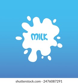 Cow milk splash with letters. Isolated white fresh farm goat milk splash drop silhouette icon for health dairy organic calcium yogurt food store dairy logo splashing shape vector label on blue