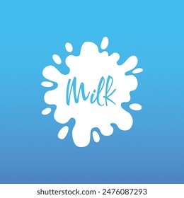 Cow milk splash with letters. Isolated white fresh farm goat milk splash drop silhouette icon for health dairy organic calcium yogurt food store dairy logo splashing shape vector label on blue