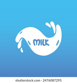 Cow milk splash with letters. Isolated white fresh farm goat milk splash drop silhouette icon for health dairy organic calcium yogurt food store dairy logo splashing shape vector label on blue