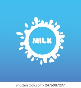 Cow milk splash with letters. Isolated white fresh farm goat milk splash drop silhouette icon for health dairy organic calcium yogurt food store dairy logo splashing shape vector label on blue