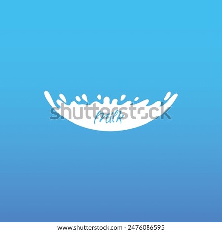 Cow milk splash with letters. Isolated white fresh farm goat milk splash drop silhouette icon for health dairy organic calcium yogurt food store dairy logo splashing shape vector label on blue