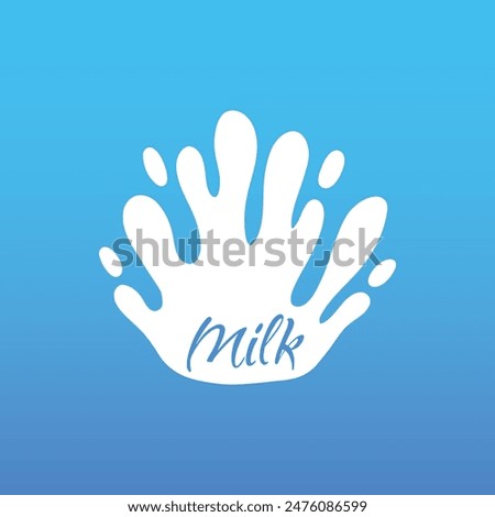 Cow milk splash with letters. Isolated white fresh farm goat milk splash drop silhouette icon for health dairy organic calcium yogurt food store dairy logo splashing shape vector label on blue