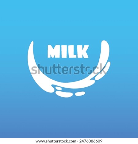 Cow milk splash with letters. Isolated white fresh farm goat milk splash drop silhouette icon for health dairy organic calcium yogurt food store dairy logo splashing shape vector label on blue