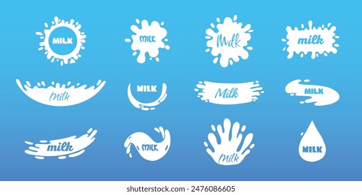 Cow milk splashes with letters. Isolated white fresh farm goat milks splash drop silhouette icon for health dairy organic calcium yogurt food store dairy logo splashing shape vector label collection