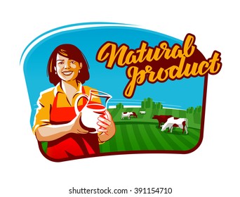 Cow Milk Vector Logo. Milkmaid, Farmer Or Farm Icon