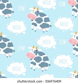 Cow And Milk Vector Seamless Pattern. Farm Background