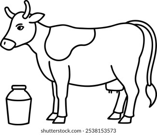 Cow milking, outline, line art vector illustration design. Farm in the Background. The Grassy Field Shines Green. Beautiful Farm Landscape with Cows and Mountains.