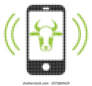 Cow Mobile Control halftone vector icon. Illustration style is dotted iconic Cow Mobile Control icon symbol on a white background. Halftone texture is circle pixel.