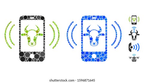 Cow mobile control mosaic of round dots in different sizes and color tints, based on cow mobile control icon. Vector circle elements are combined into blue mosaic.