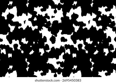Cow monochrome pattern background. Vector animal skin print, black dalmatian spots on white. Natural spotted texture for textile, fabric, dairy farm decor, wrapping paper, backdrop, wallpaper, banner.