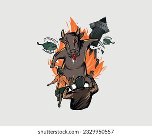 cow monster attacks human, some people run, war concept, suitable for t-shirt and merchandise design.
