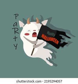 A cow monster is holding a flag with Happy Halloween in it`s paws.  For the Halloween holiday, postcards, cards, banners, stickers, posters, prints on clothes, decoration of cafes, shops.
