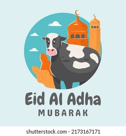 Cow and mosque happy Eid al Adha concept