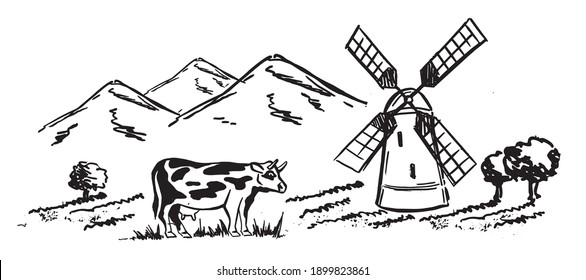 Cow, Mountain landscape, Windmill. Hand -drawn Vector illustration.