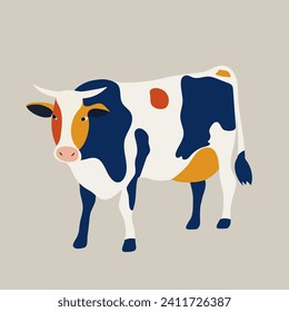 A cow with multi-colored spots stands on a beige background. Graphic print or logo