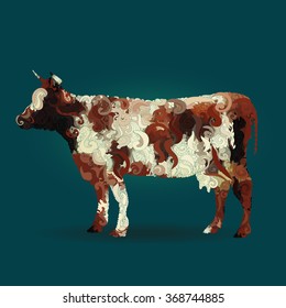 Cow with natural color mosaic ornament on dark green background. Vector image in boho style.