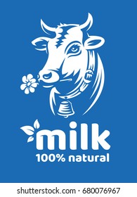 Cow natural milk illustration - head of a horned cow with a bell - emblem, logo design