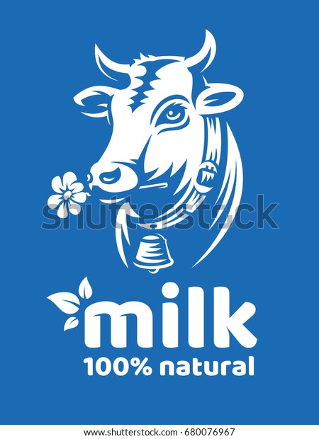 Cow natural milk illustration - head\
of a horned cow with a bell - emblem, logo\
design