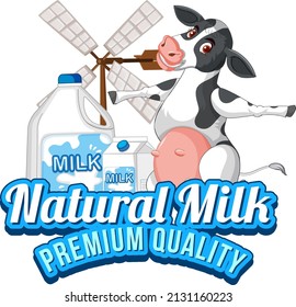 A cow with a Natural milk label illustration