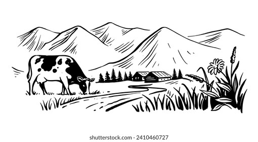 Cow with nature landscape vector hand drawn.