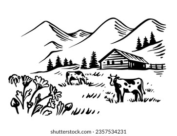 Cow with nature landscape vector ink hand drawn.