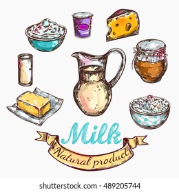 Cow and nature milk color sketch with isolated colored icon set about farm and milk vector illustration