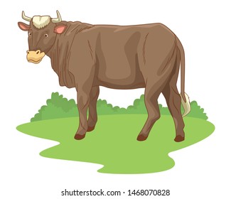 Cow in nature scenery cartoon vector illustration graphic design