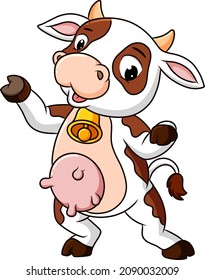 The cow with the neck bell is dancing with the happy face of illustration
