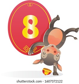 Cow and number eight. Character design of my character. Numbers for chinese style. Chinese New Year 2021. Vector illustration and isolated on a white background.