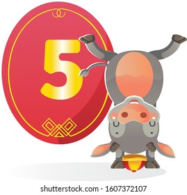 Cow and number five. Character design of my character. Numbers for chinese style. Chinese New Year 2021. Vector illustration and isolated on a white background.