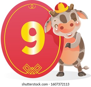 Cow and number nine. Character design of my character. Numbers for chinese style. Chinese New Year 2021. Vector illustration and isolated on a white background.