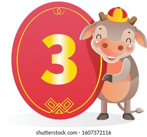 Cow and number three. Character design of my character. Numbers for chinese style. Chinese New Year 2021. Vector illustration and isolated on a white background.