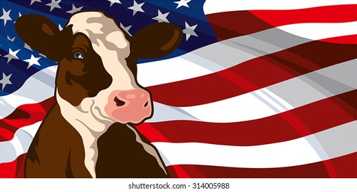 Cow on a background of flag of the United States of America